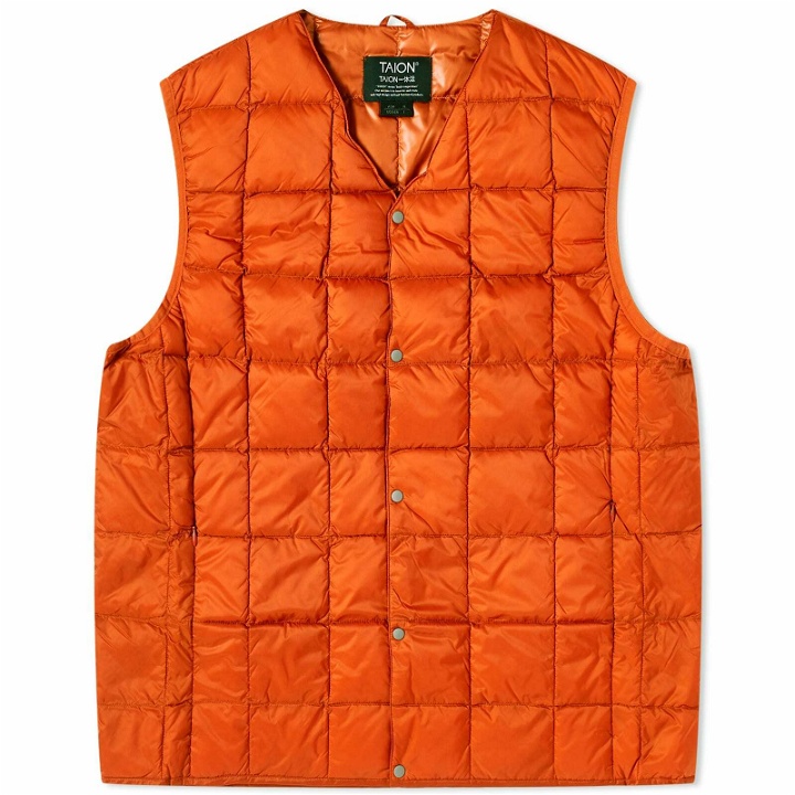 Photo: Taion Men's V-Neck Down Vest in Brick Orange