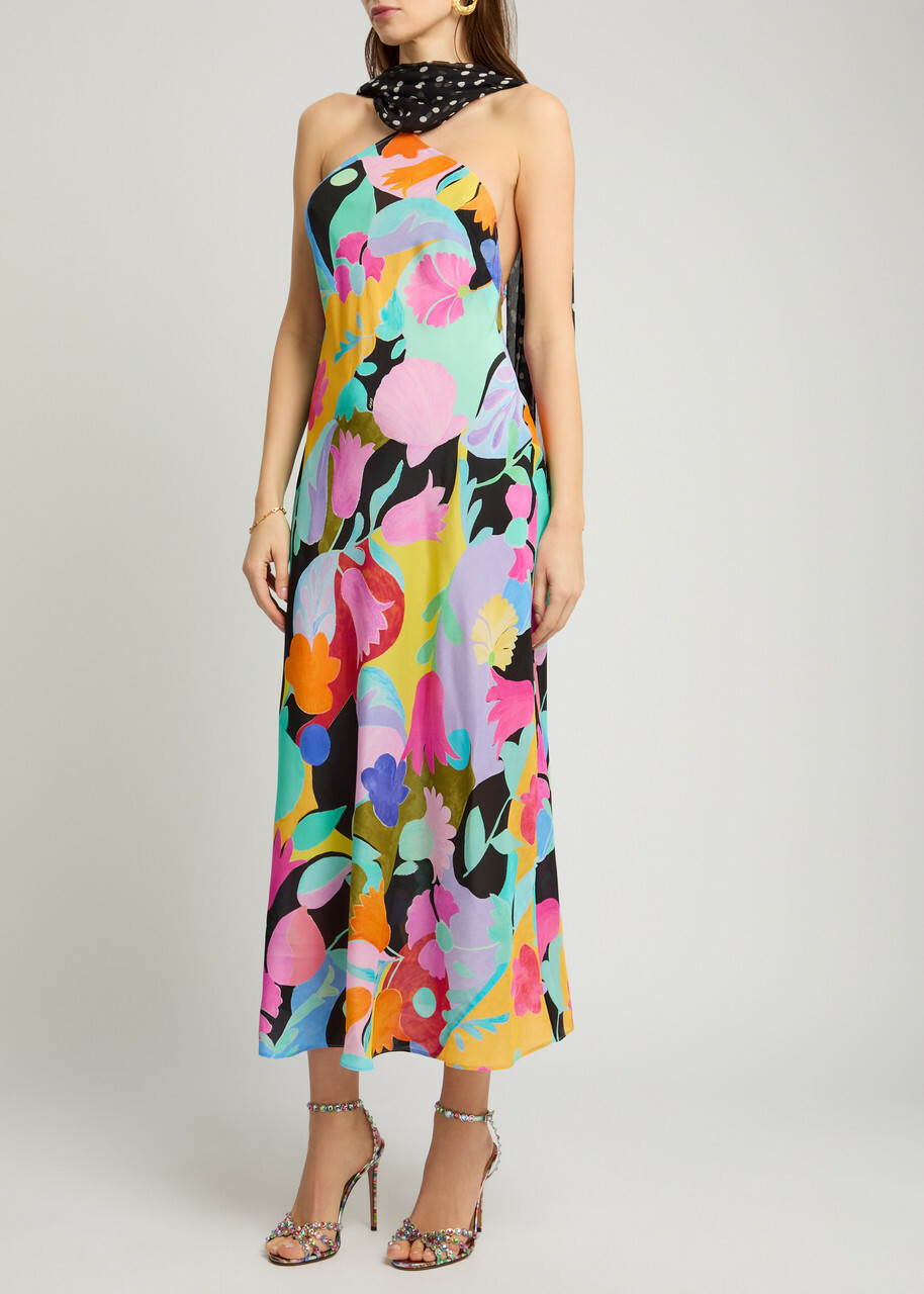 Rixo Hayley Printed Scarf-effect Silk Midi Dress Multicoloured