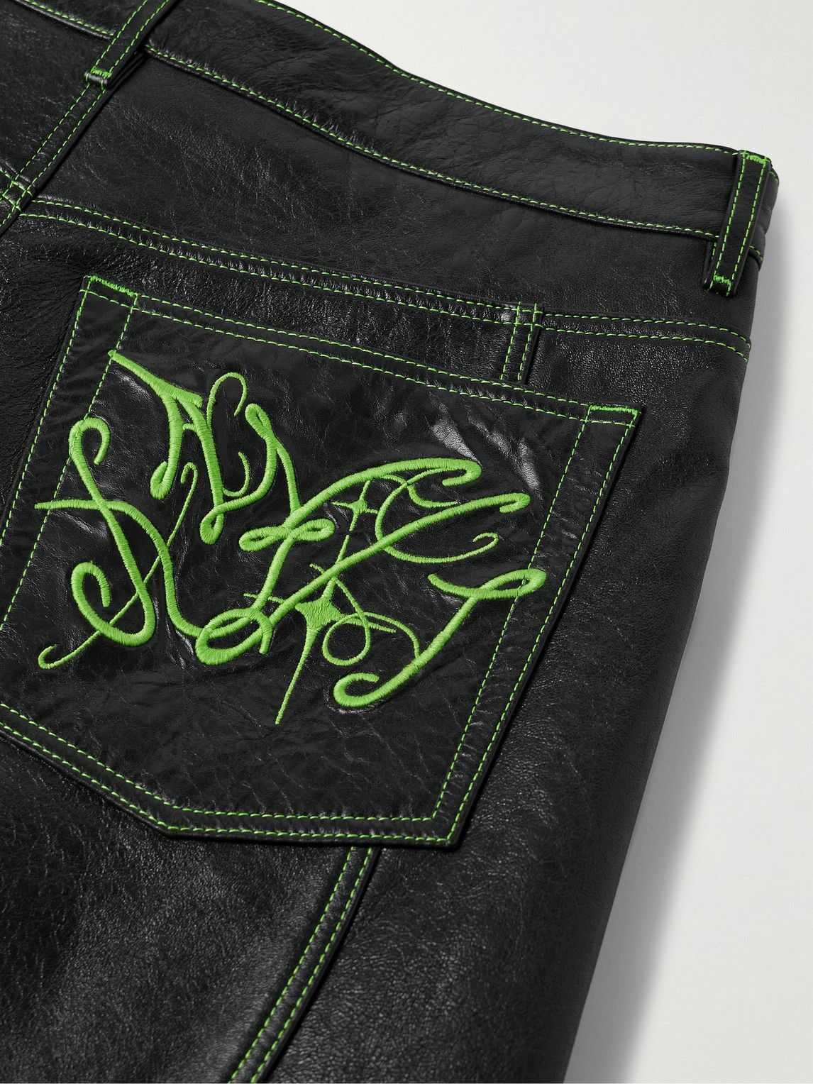 Acne Studios - Lorgata Wide-Leg Panelled Logo-Embroidered Leather Trousers - Black