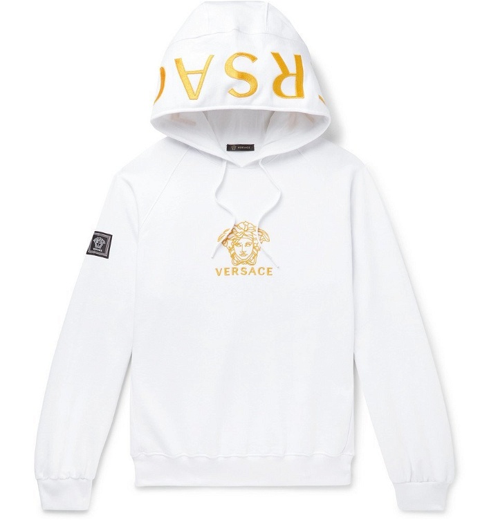 Photo: Versace - Oversized Logo-Embroidered Loopback Cotton-Jersey Hoodie - White