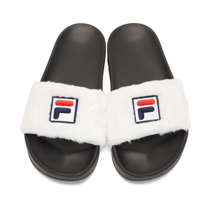 Baja East White and Black Fila Edition Shearling Drifter Slides