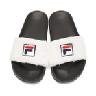 Baja East White and Black Fila Edition Shearling Drifter Slides