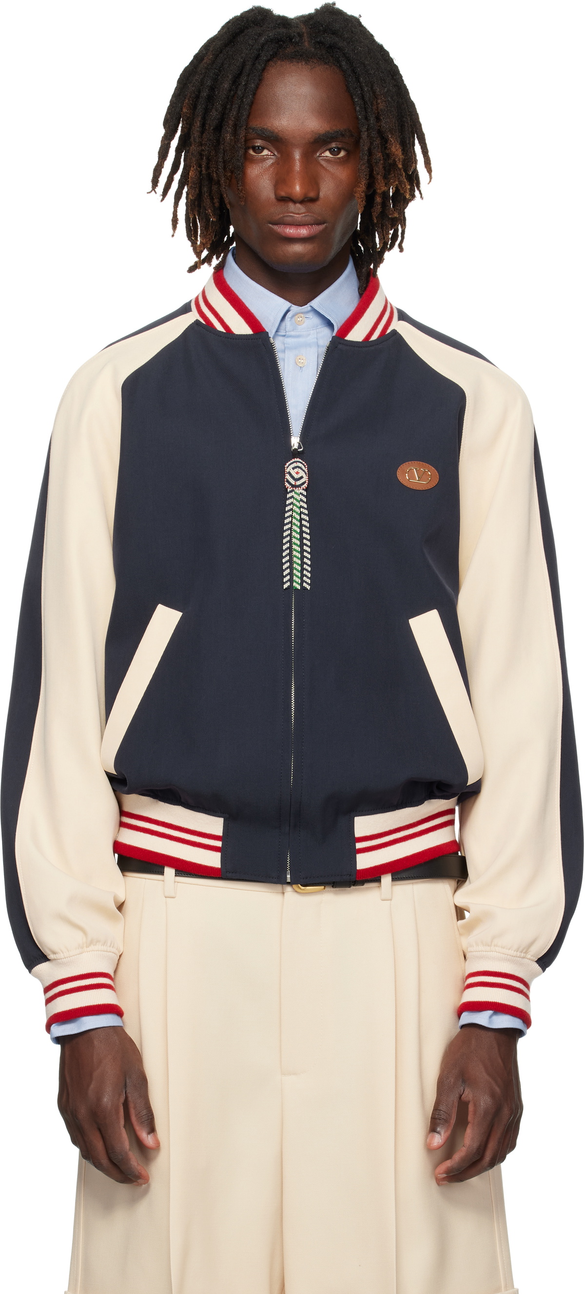 Valentino Navy & Beige 'Le Chat De La Maison' Patch Bomber Jacket