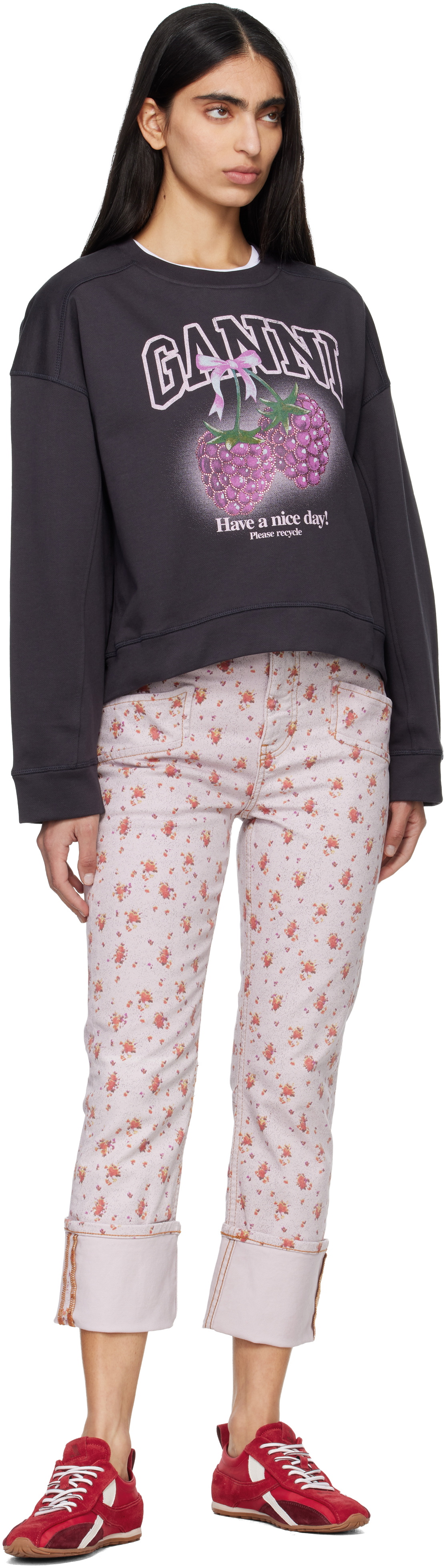 GANNI Pink Printed Capri Slim Jeans