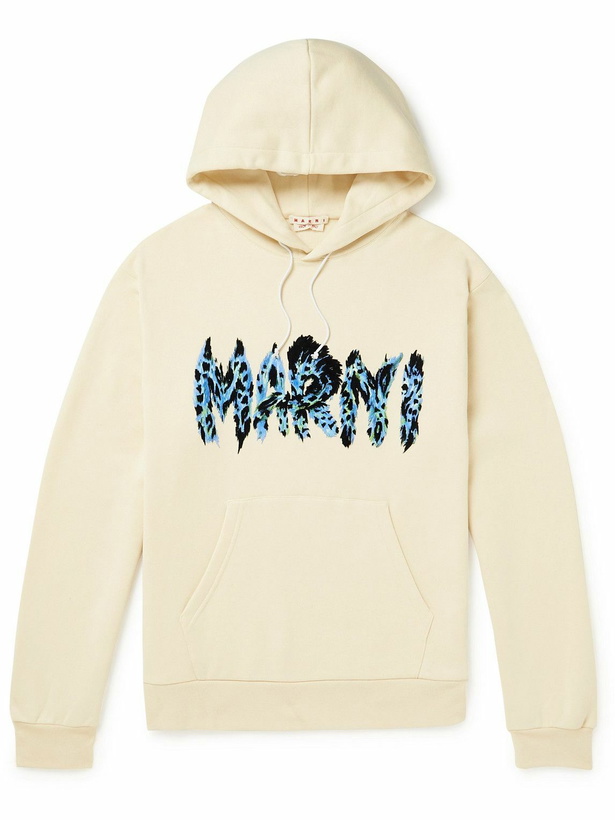 Photo: Marni - Logo-Flocked Cotton-Jersey Hoodie - Neutrals