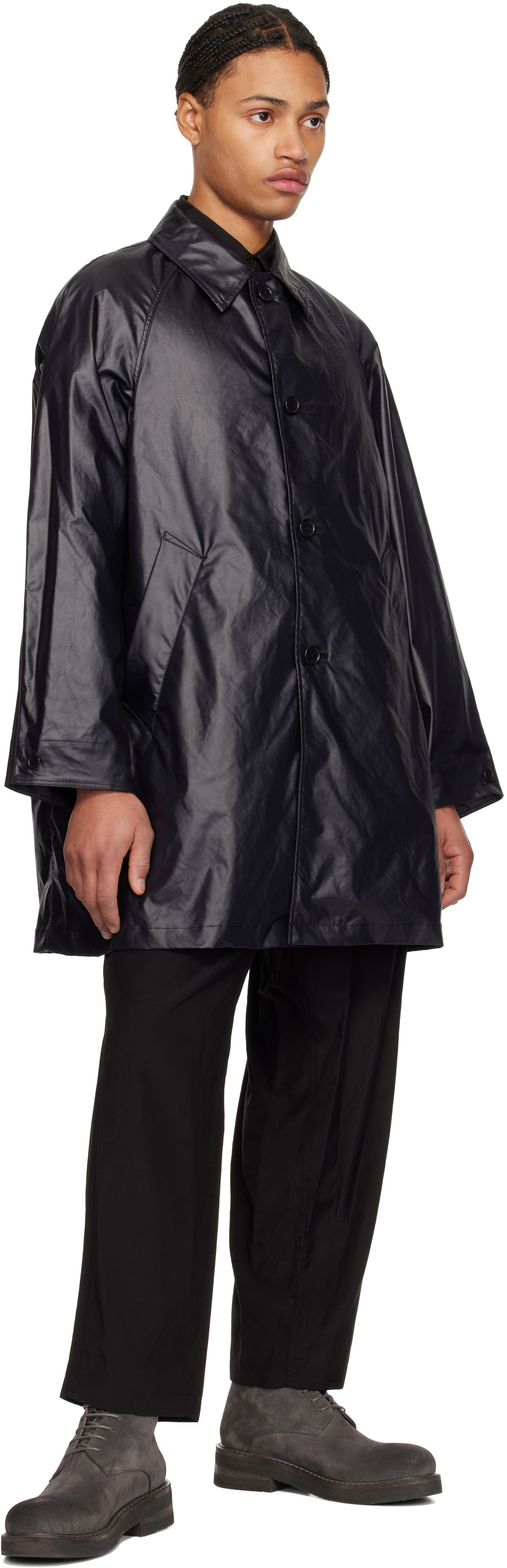 (送料無料) YOKE / LEATHER-LIKE CAR COAT YOKE Black Leather-Like Car Coat YOKE