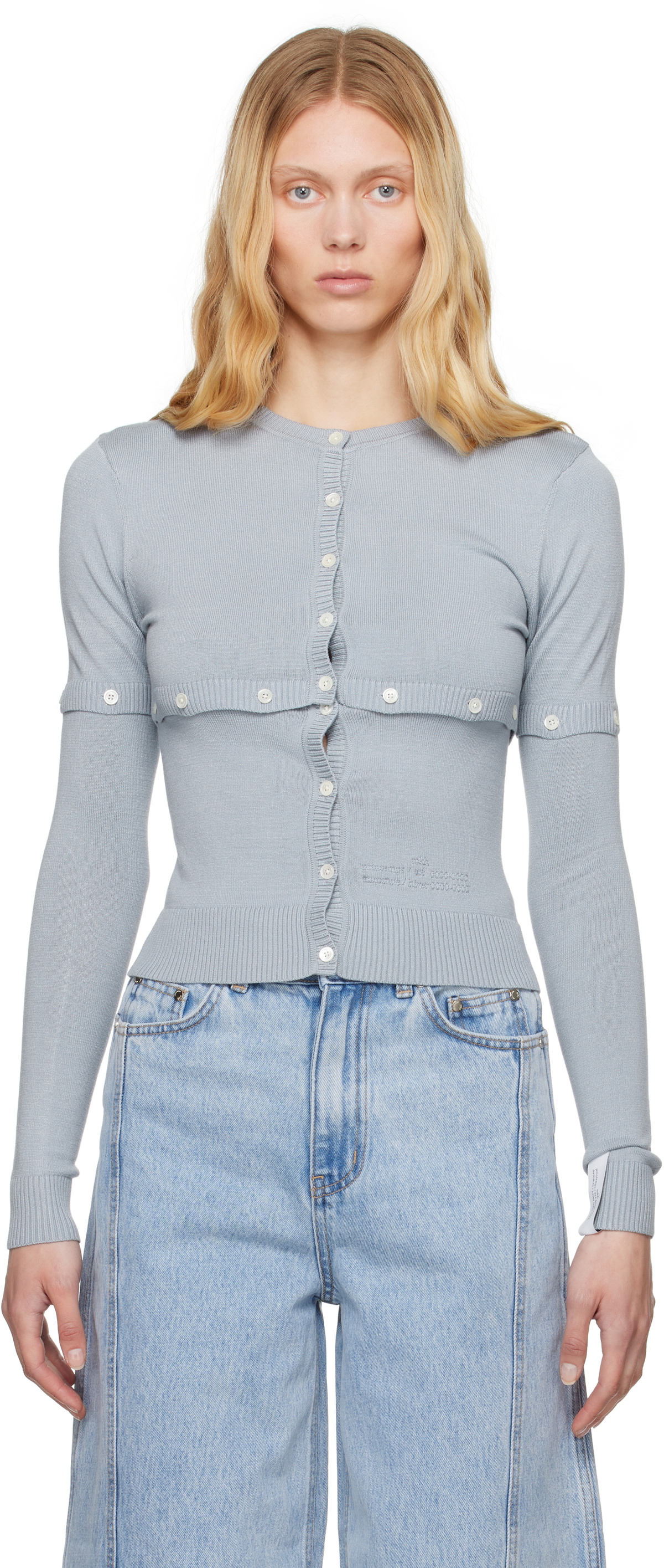 カーディガン rokh LACE COLLAR CROPPED CARDIGAN Lace Collar Cropped Cardigan in Blue Rokh