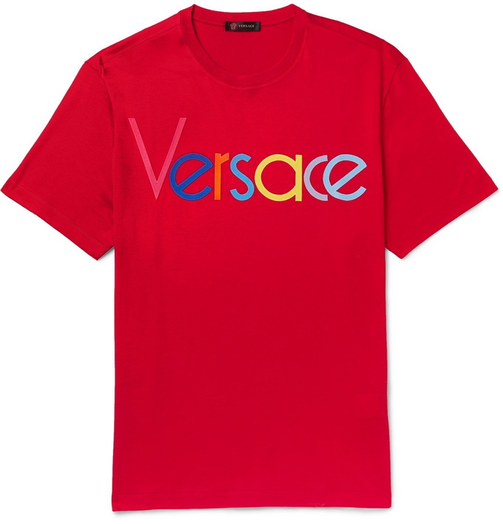 Photo: Versace - Logo-Embroidered Cotton-Jersey T-Shirt - Red