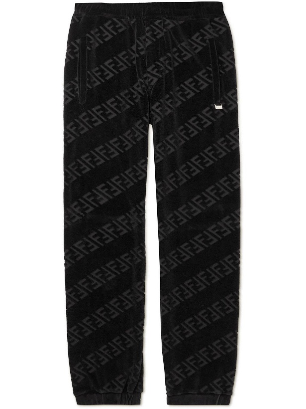 Photo: Fendi - Tapered Logo-Jacquard Cotton-Blend Velvet Sweatpants - Black