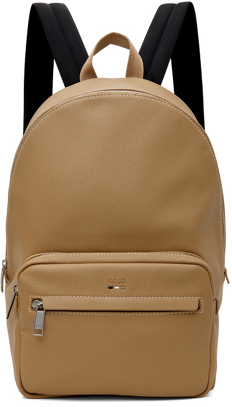 Photo: BOSS Beige Faux-Leather Logo & Signature Stripe Backpack