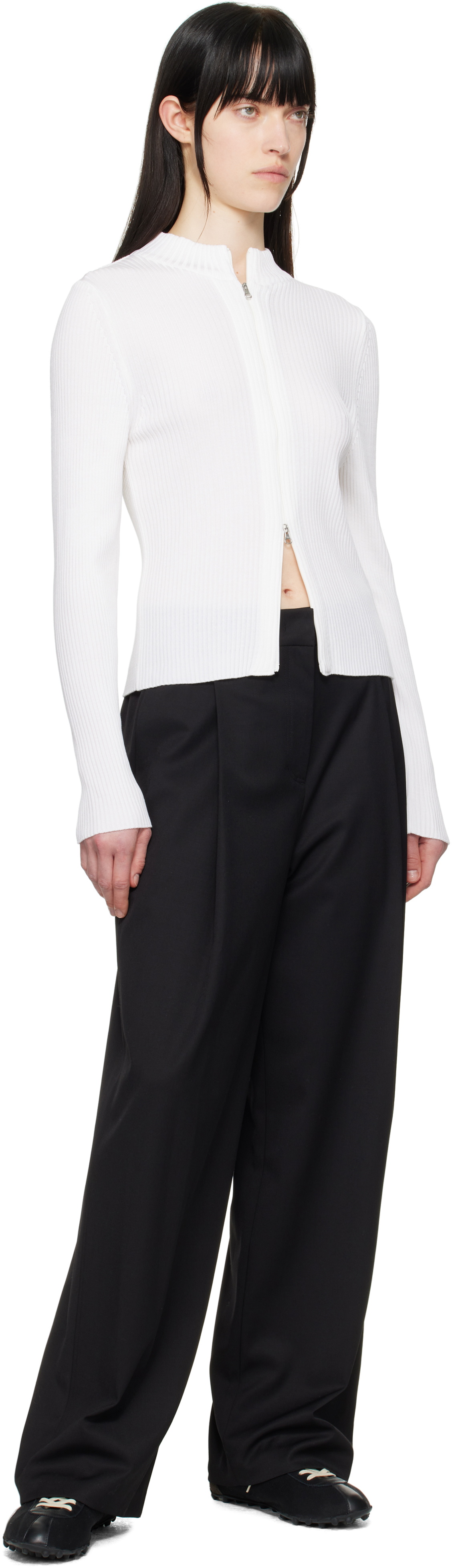 AMOMENTO White Ribbed Mock Neck Cardigan