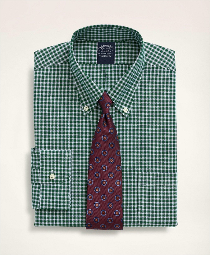 Photo: Brooks Brothers Men's Stretch Big & Tall Dress Shirt, Non-Iron Pinpoint Oxford Button Down Collar Gingham | Green