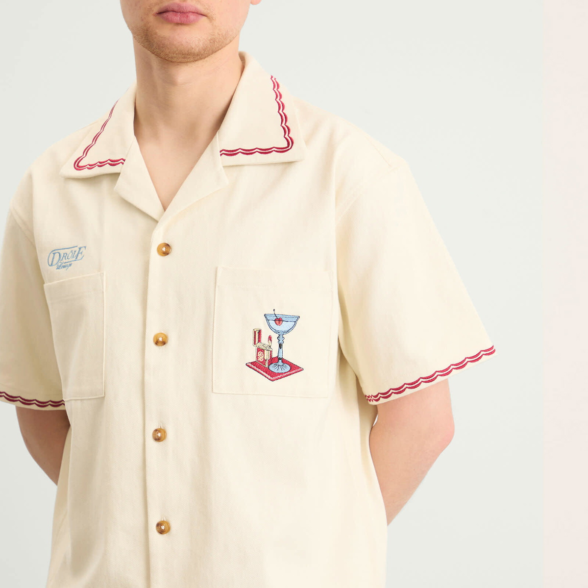 Drôle de Monsieur Men's Cotton Cocktail Open Collar Shirt in Off White