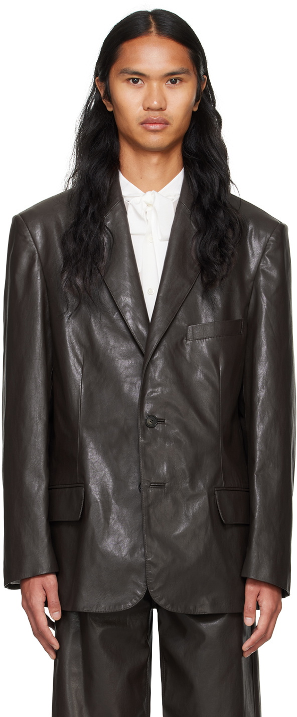 System Brown Button Faux-Leather Blazer