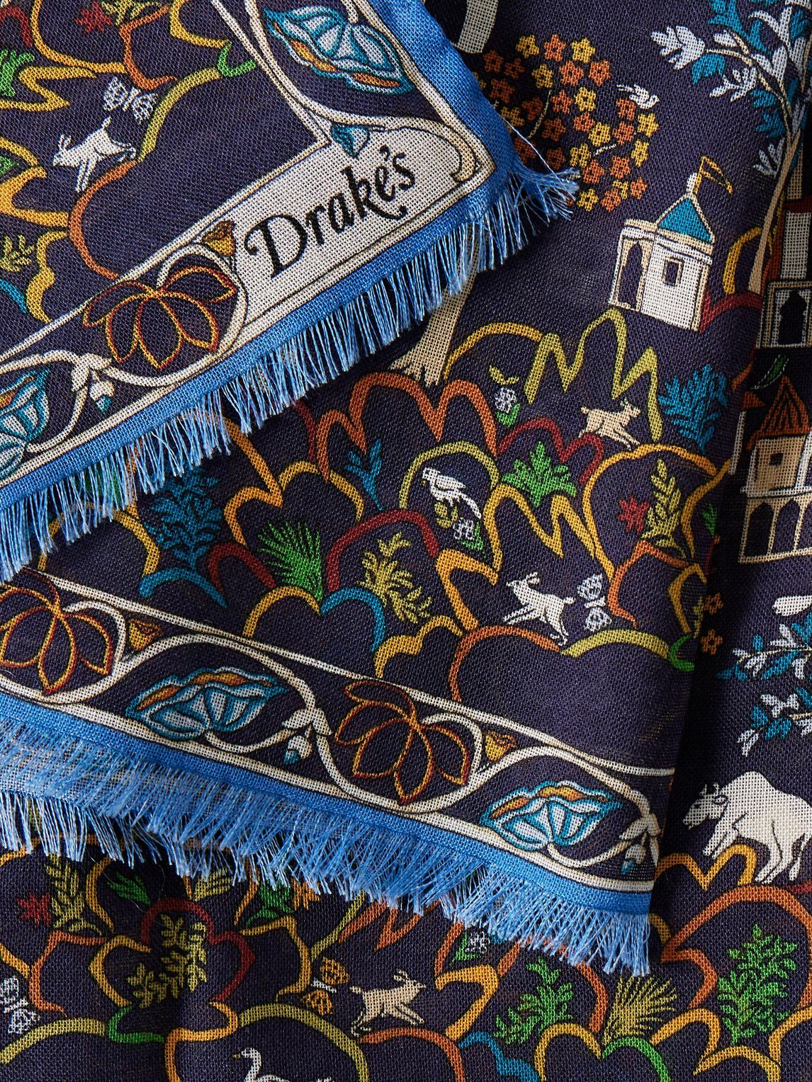 Drake's - Frayed Printed Wool and Silk-Blend Scarf