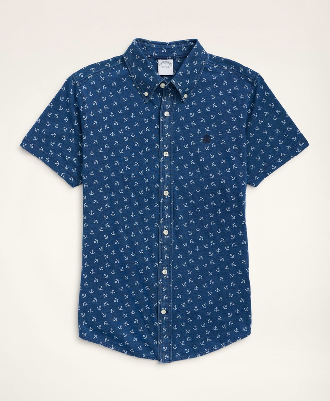 Photo: Brooks Brothers Men's Washed Cotton Jersey Anchor Print Shirt | Indigo