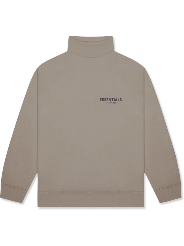 Photo: Fear of God Essentials - Logo-Print Cotton-Jersey Mock-Neck Sweater - Brown