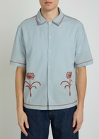 Wax London Keats Embroidered Cotton and Linen-blend Shirt Blue