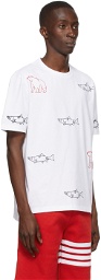 Thom Browne White Bear & Salmon Half Drop Embroidery T-Shirt