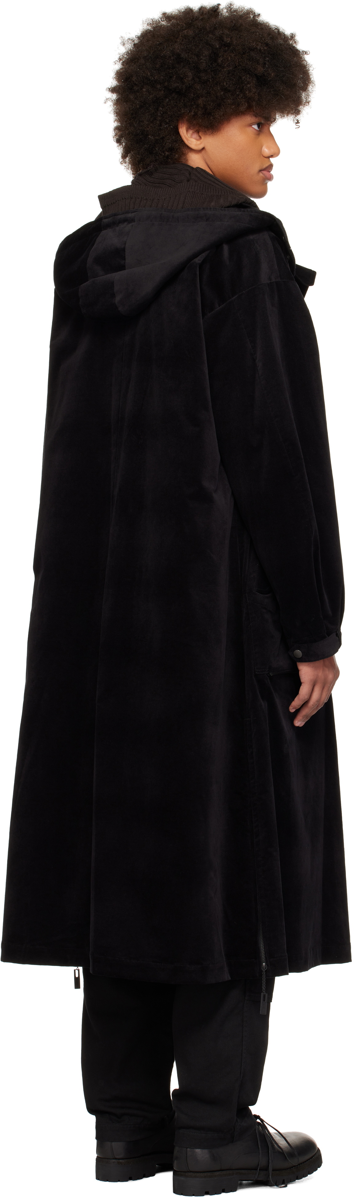 YOHJI YAMAMOTO Black M-Velvet Hooded Coat