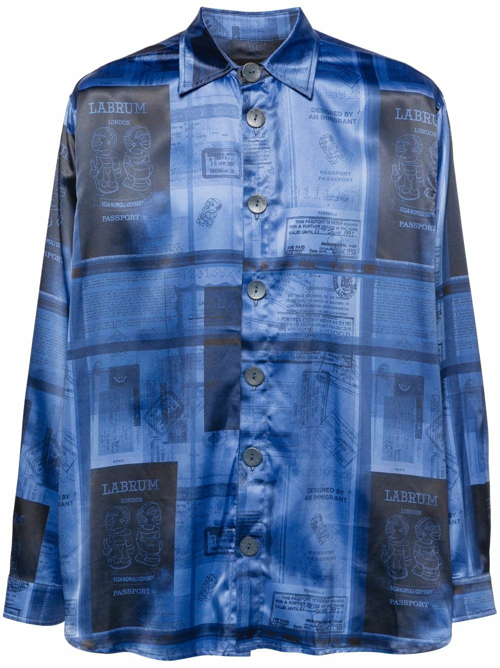 Labrum London Blue Passport-Print Satin Shirt