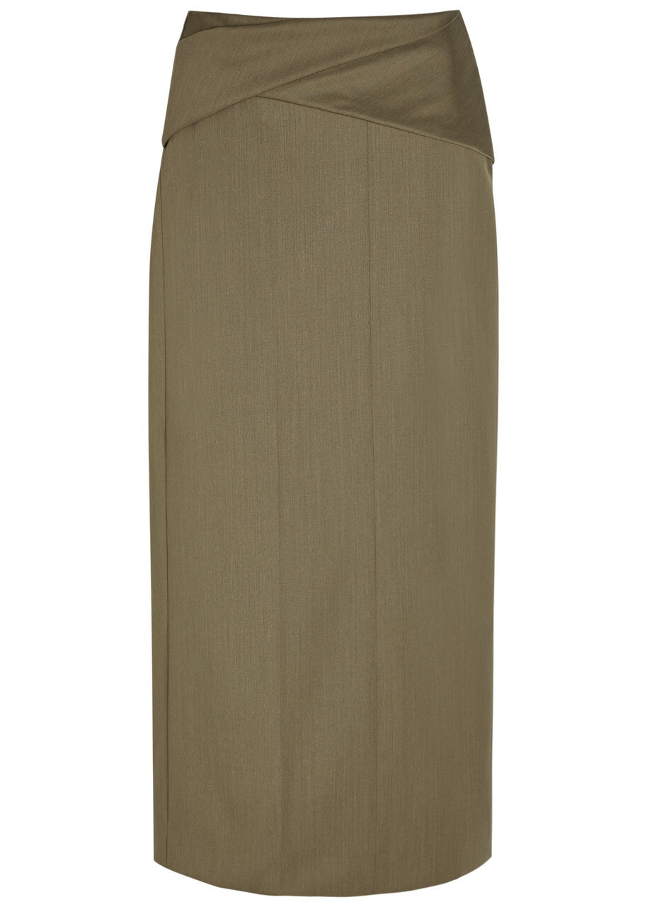 Victoria Beckham Wrap-detail Wool-blend Midi Skirt Sage