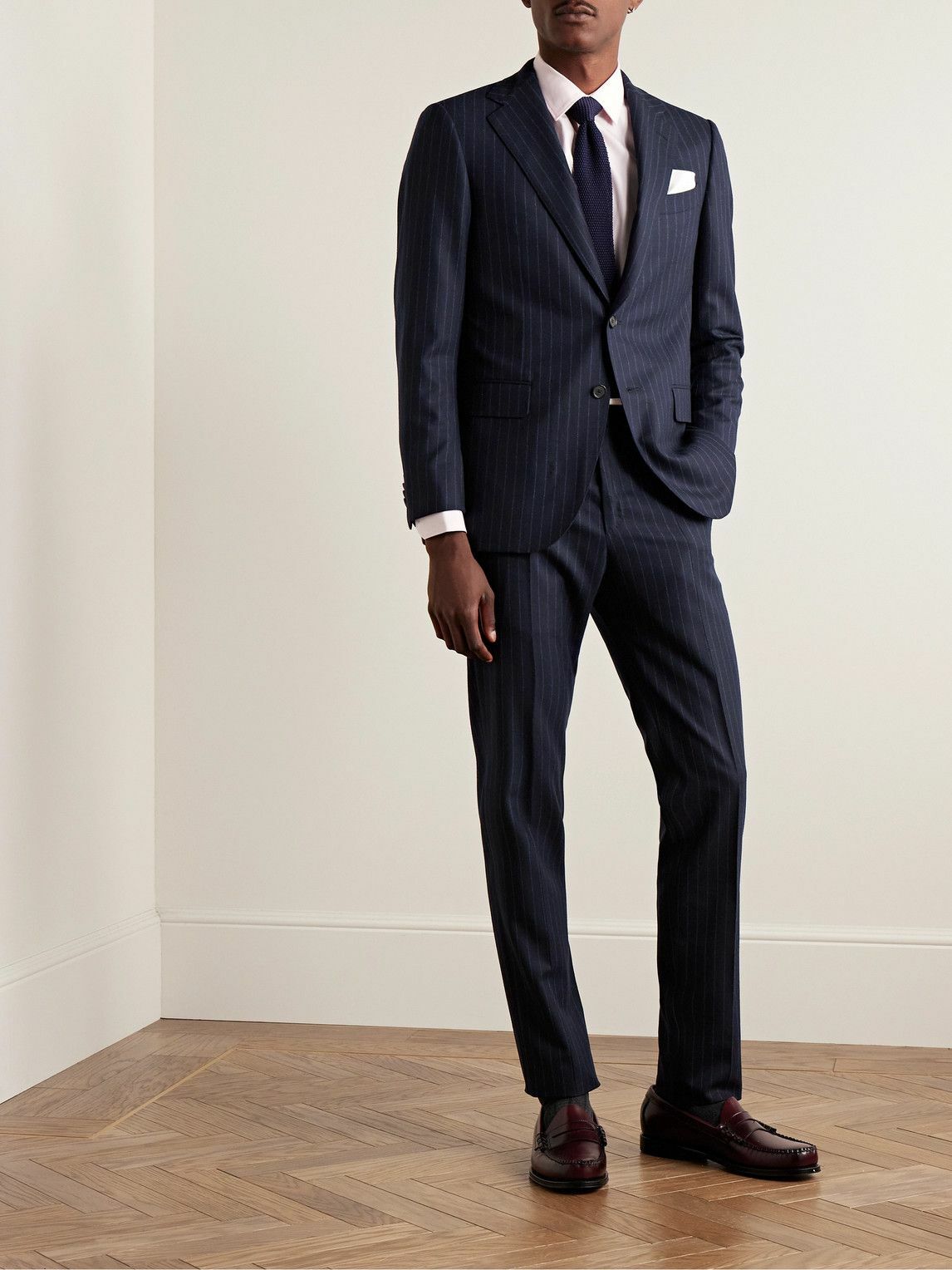 Caruso Slim Fit Pinstriped Wool Suit Trousers Blue Caruso