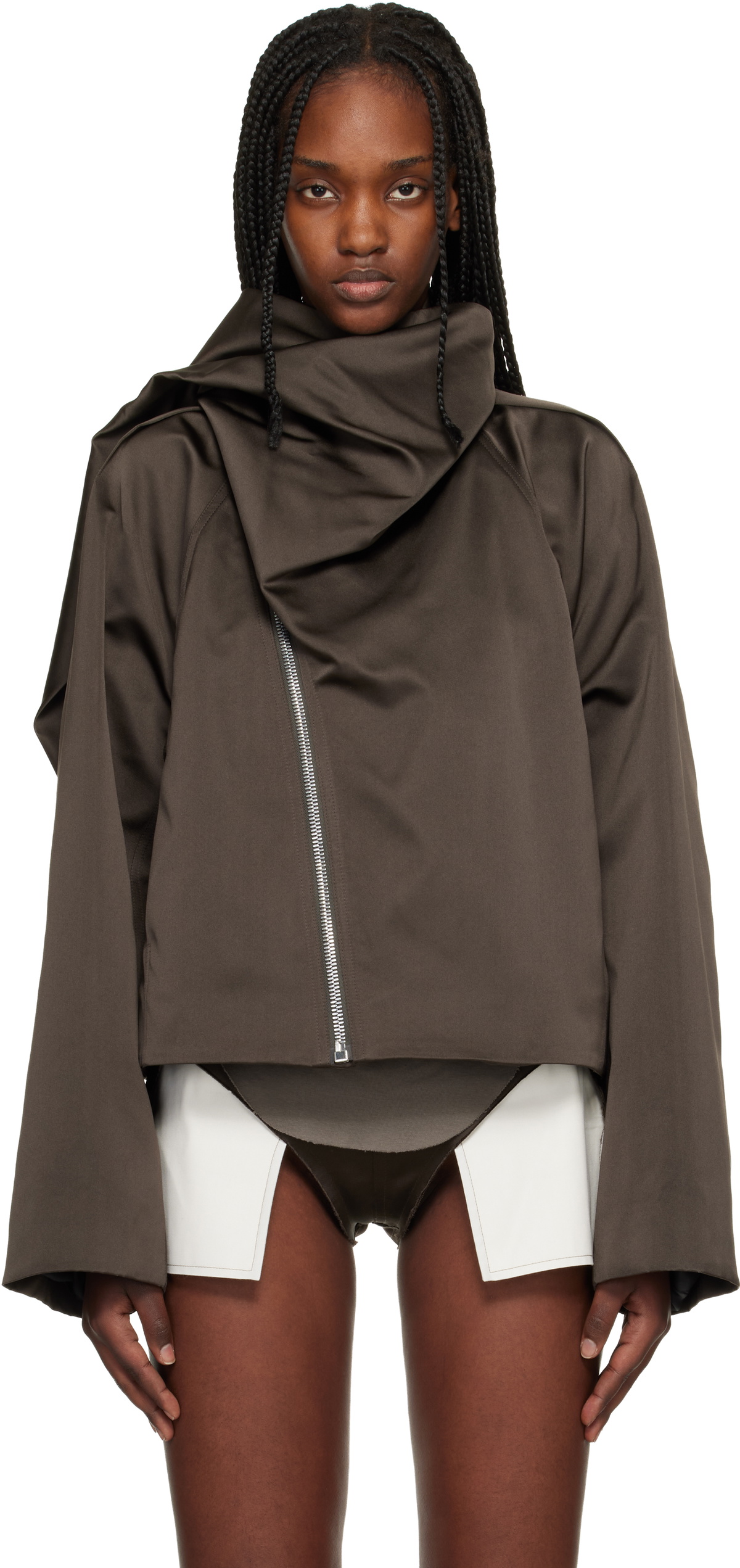 Rick Owens Brown Temple Cropped Scarf Flight Jacket