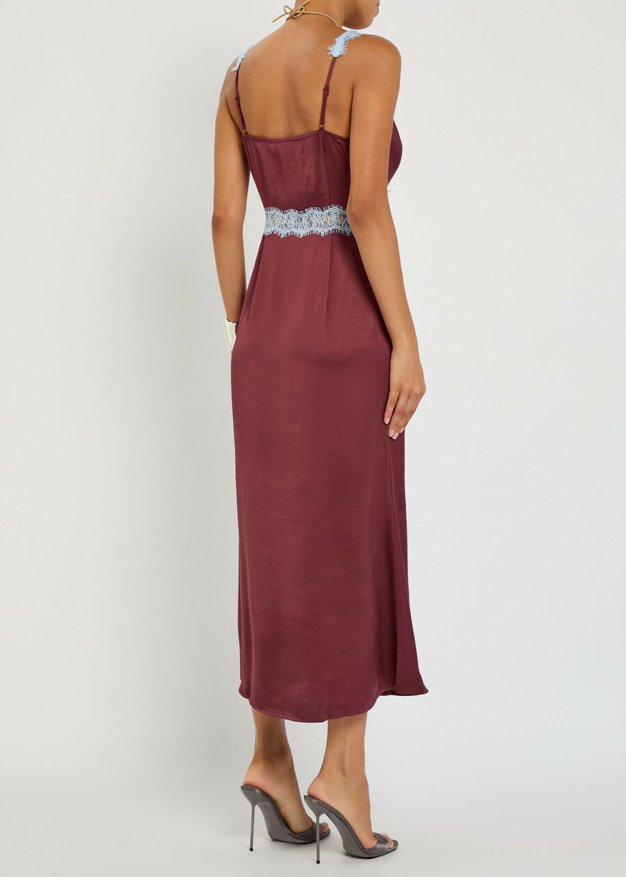 Never Fully Dressed Mimi Lace-trim Satin Midi Dress Burgundy