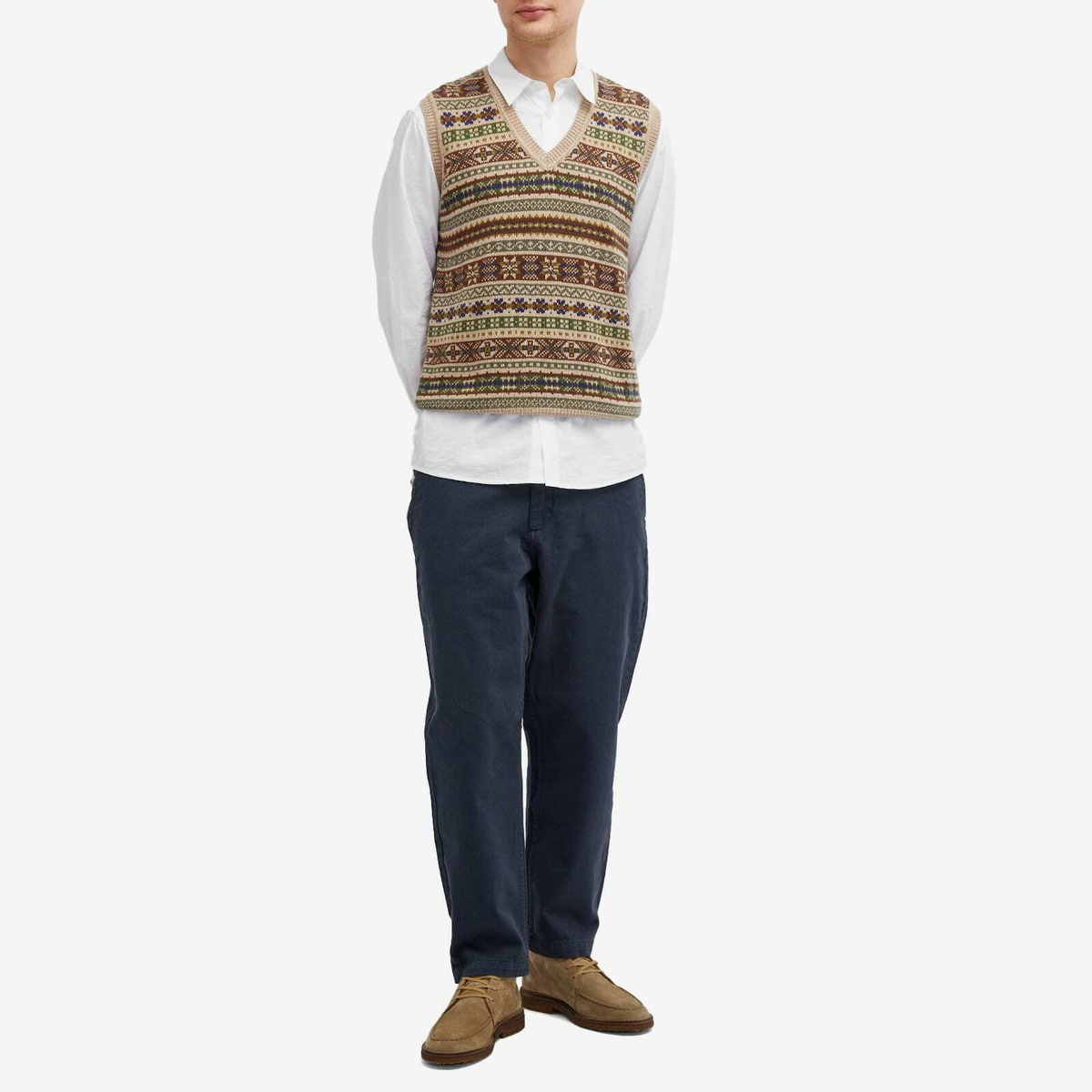Drake's Men's Trad Fair Isle Knit Vest in Beige Multi