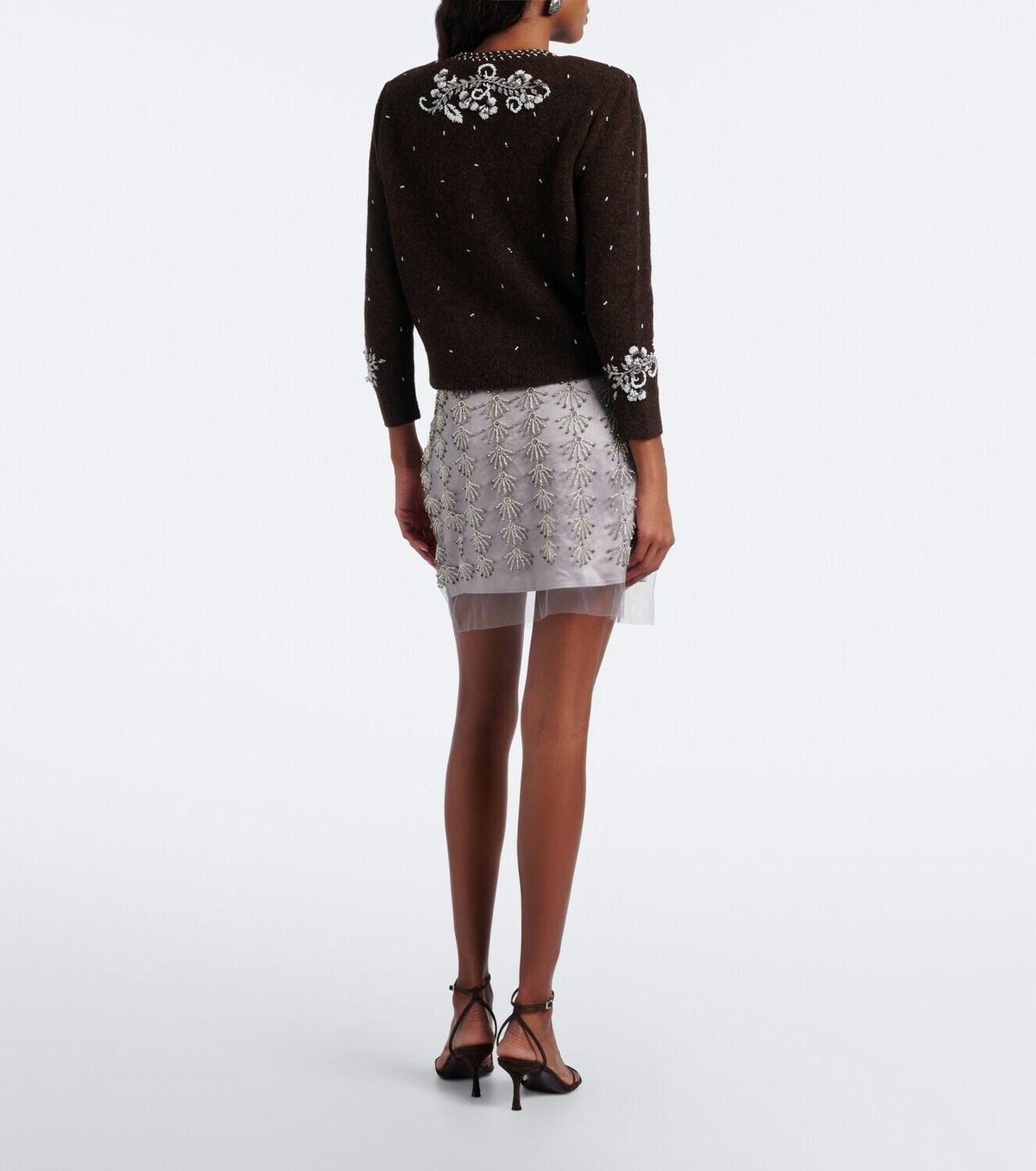 Jacques Wei Beaded leather-trimmed mesh miniskirt