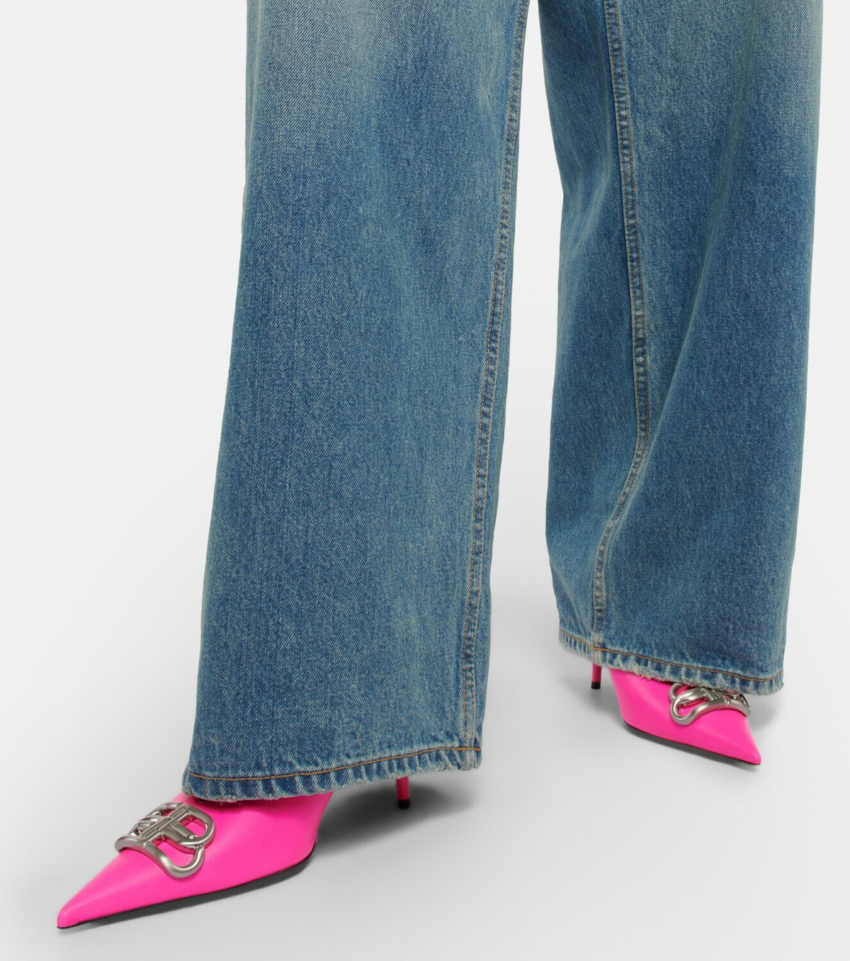 BALENCIAGA★BB Square Knife サテン ミュール スレートブルー Balenciaga - Square Knife BB python-effect leather mules