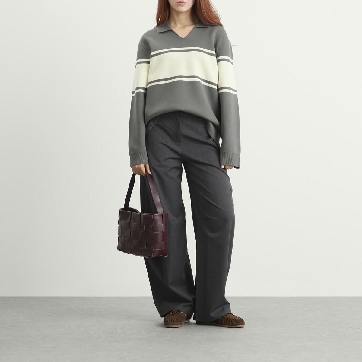 Samsøe Samsøe Women's Saanne Long Sleeve Polo Top in Gunmetal Wide Stripe