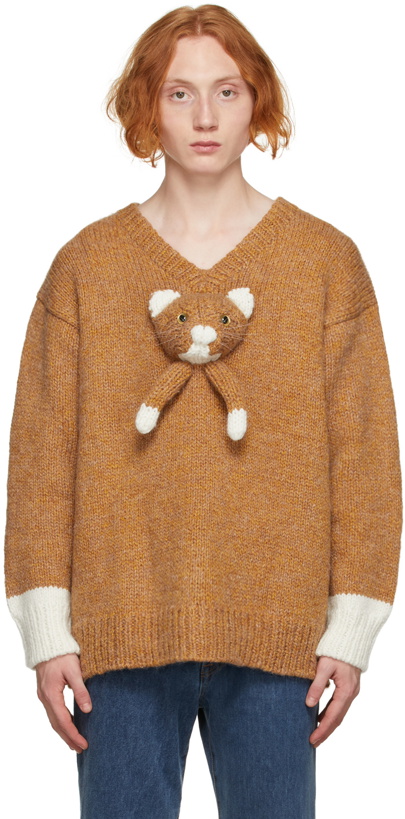 Photo: Doublet Brown & White Knit Cat V-Neck Sweater