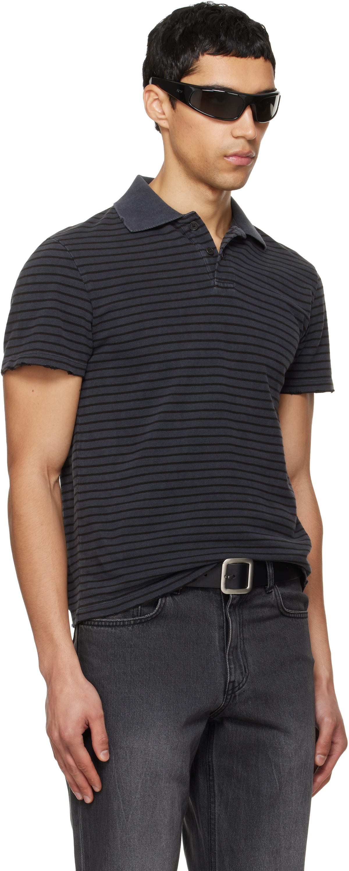 TONYWACK Black Garment Dyed Stripe Pique Polo