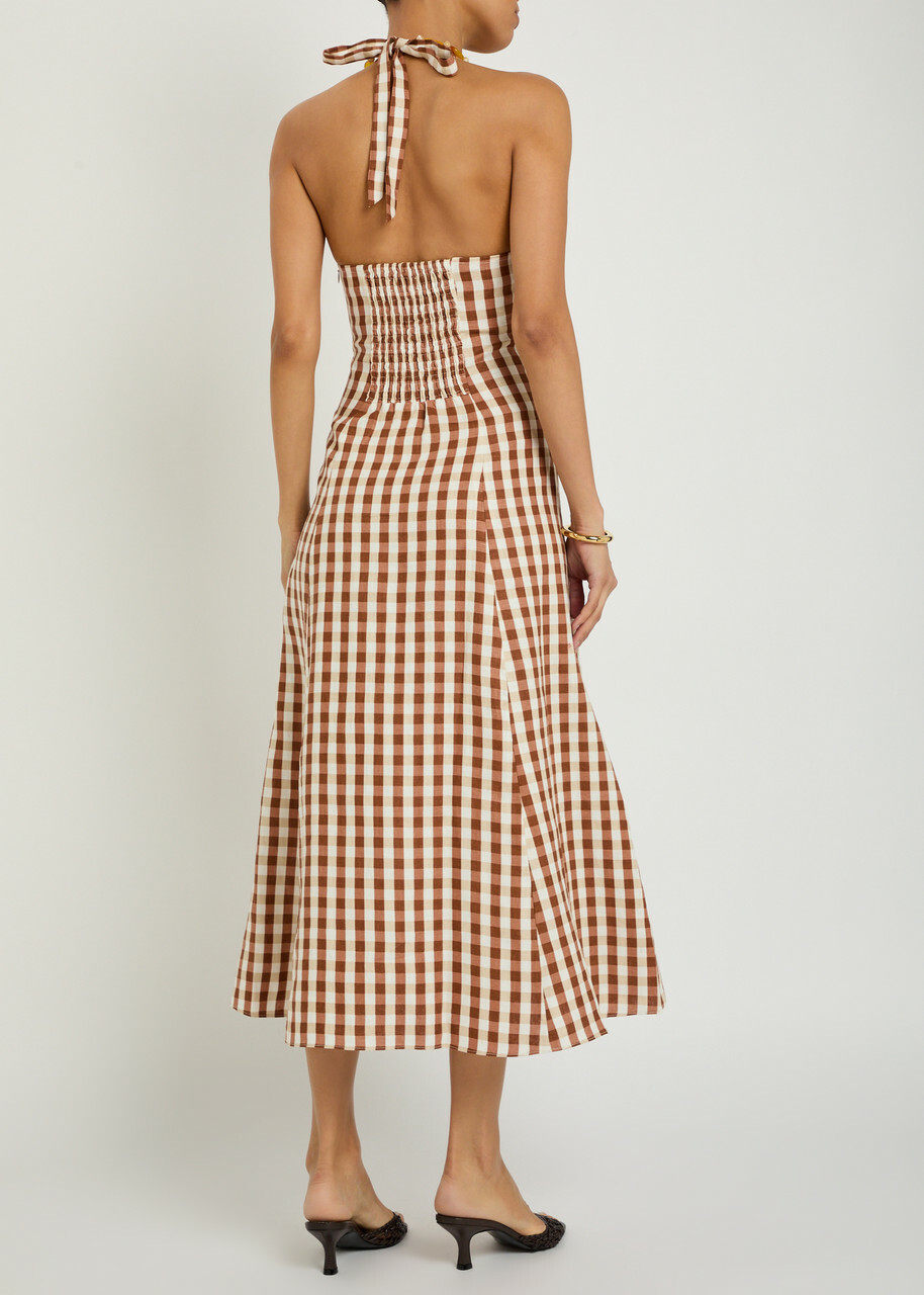 Faithfull The Brand Marais Gingham Linen Midi Dress Light Brown