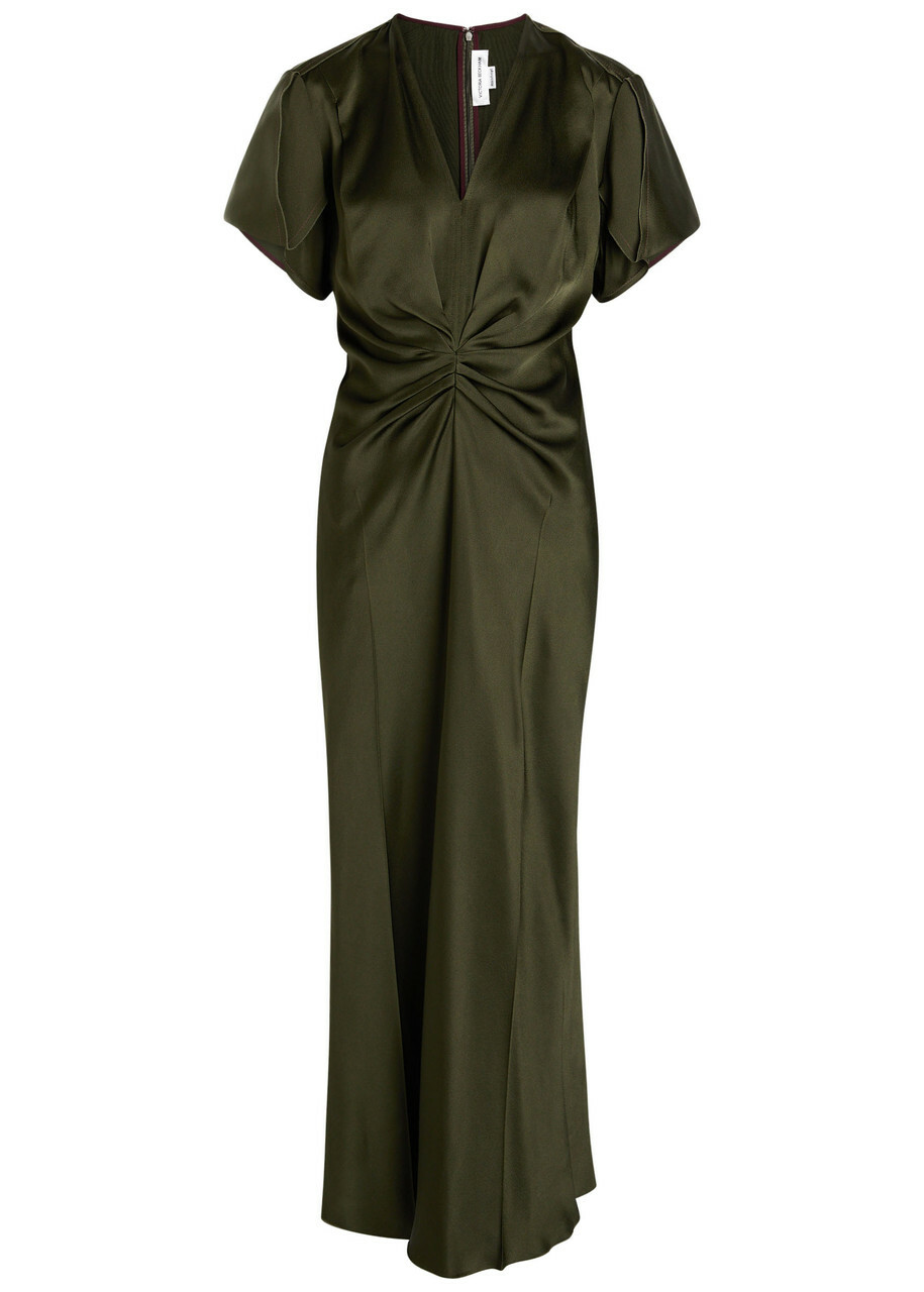Victoria Beckham Bella Gathered Satin Midi Dress Olive