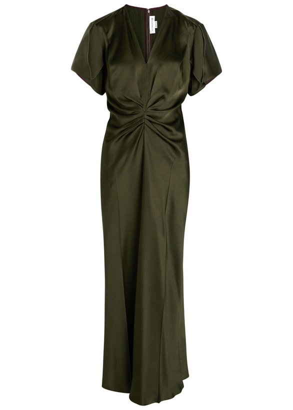 Photo: Victoria Beckham Bella Gathered Satin Midi Dress Olive