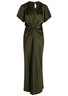 Victoria Beckham Bella Gathered Satin Midi Dress Olive