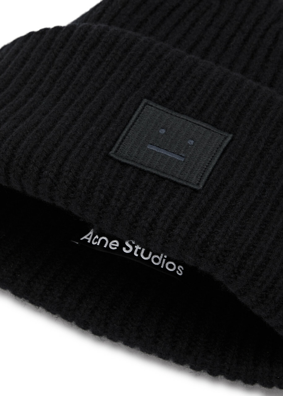 Acne Studios Pansy Face Ribbed Wool Beanie - Black - One  display picture 1
