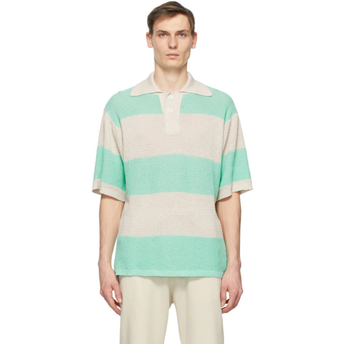 Photo: Drole De Monsieur Beige and Green Knit Stripe Polo