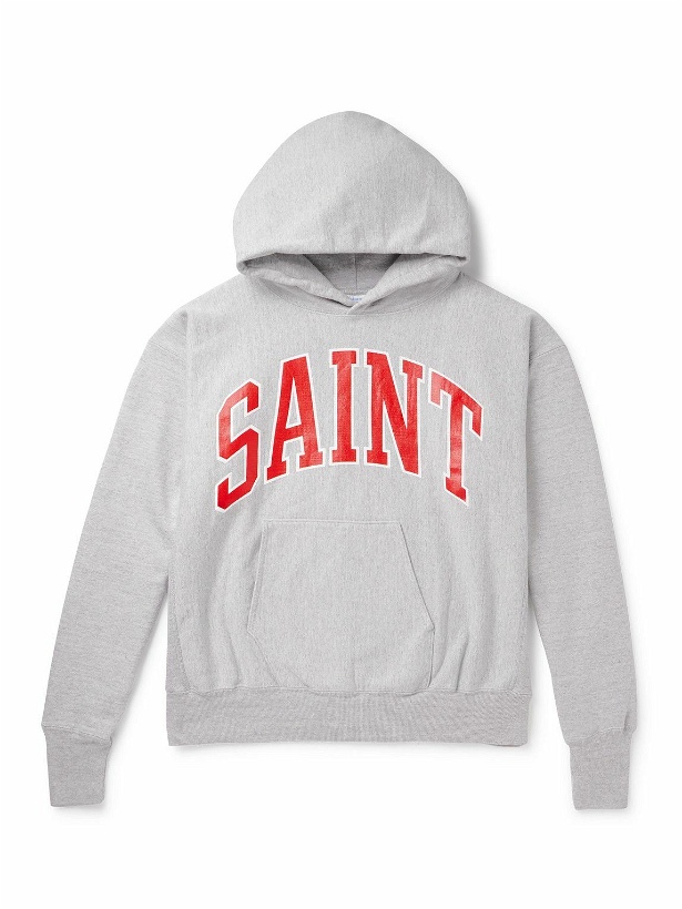 Photo: SAINT Mxxxxxx - Logo-Print Cotton-Blend Jersey Hoodie - Gray