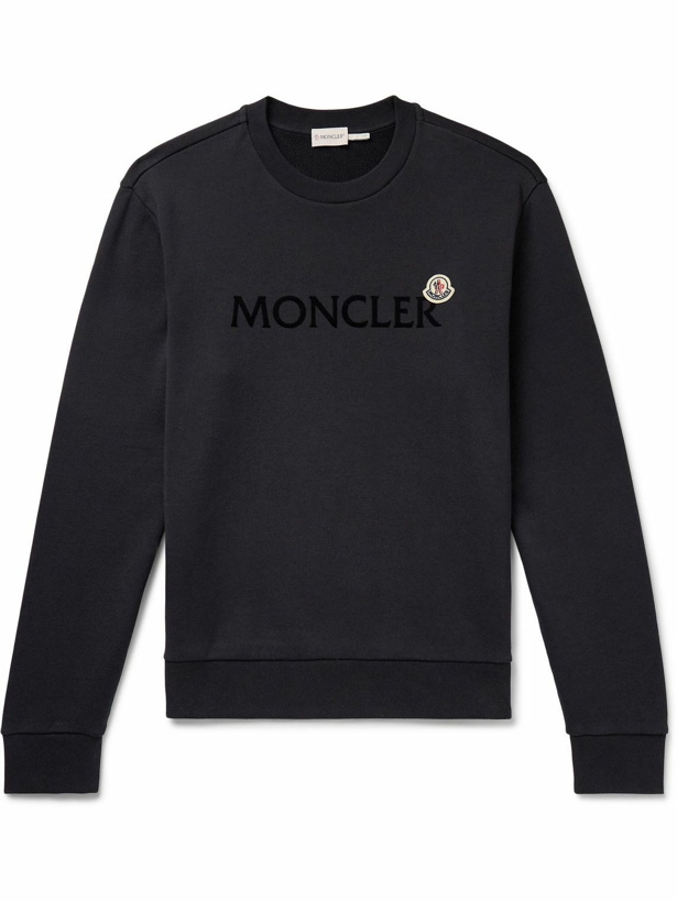 Photo: Moncler - Appliquéd Logo-Flocked Cotton-Jersey Sweatshirt - Blue