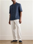 Brunello Cucinelli - Camp-Collar Embroidered Striped Linen Shirt - Blue