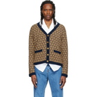 Valentino Beige & Navy Jacquard Logo Wool Cardigan