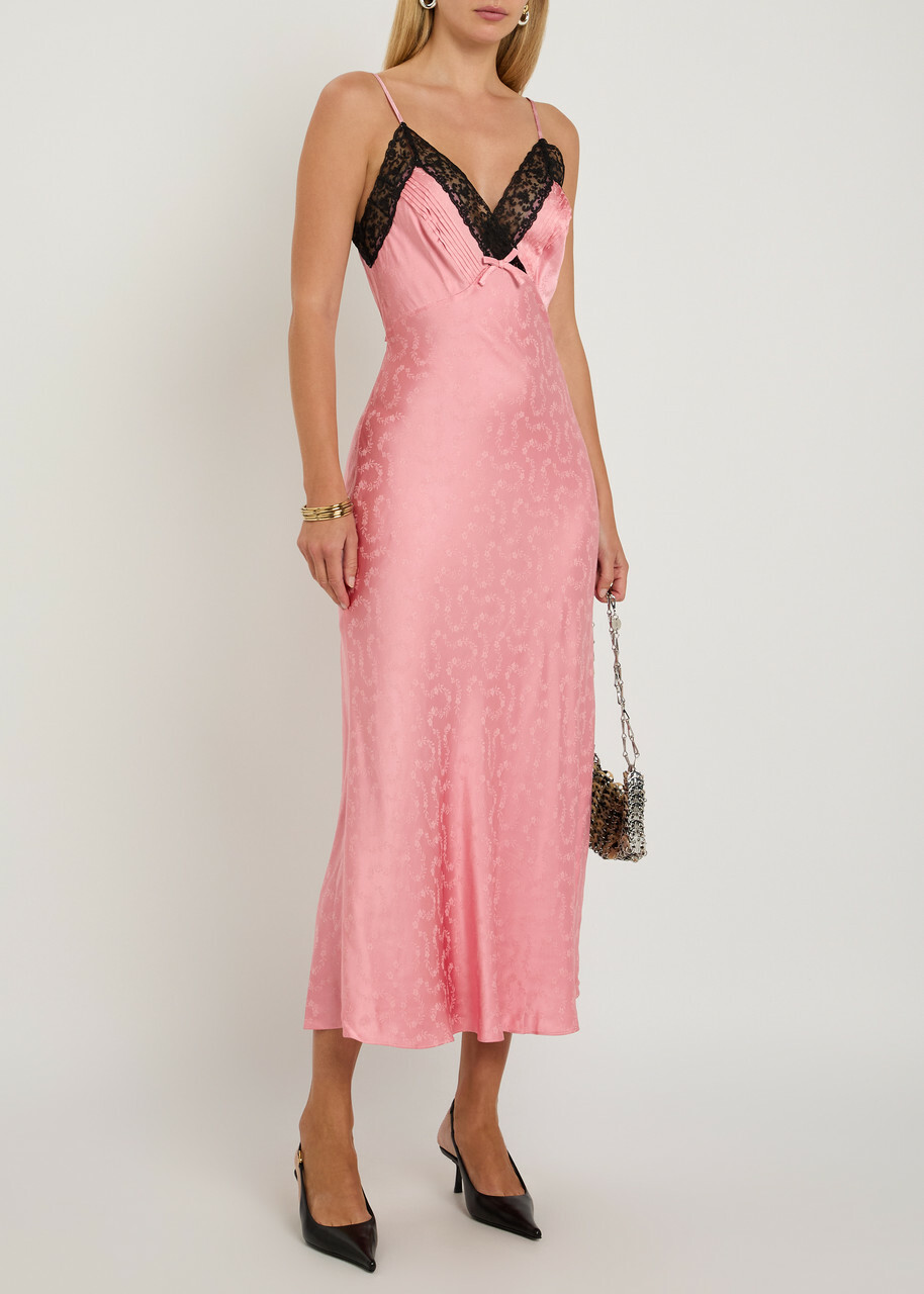 Rixo Alberta Floral-jacquard Lace and Satin Midi Slip Dress Pink