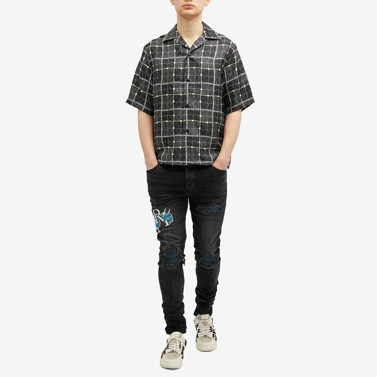 AMIRI Men's Charm Check Silk Vacation Shirt in Black Amiri
