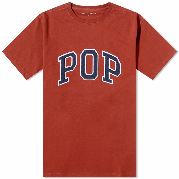 Photo: Pop Trading Company Men's Arch Logo T-Shirt in Fired Brick/Navy