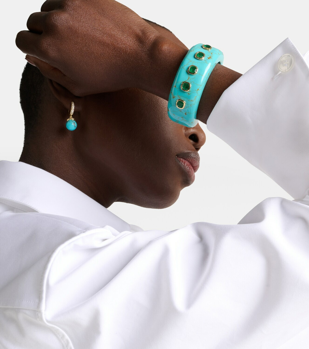 Octavia Elizabeth 18kt gold and turquoise cuff bracelet with emeralds