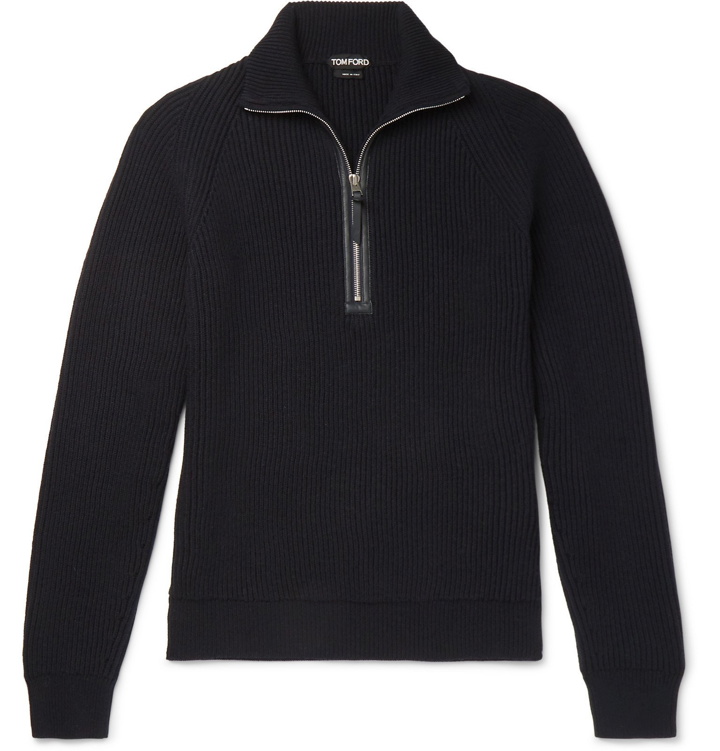 Photo: TOM FORD - Slim-Fit Leather-Trimmed Ribbed Merino Wool and Cashmere-Blend Half-Zip Sweater - Blue